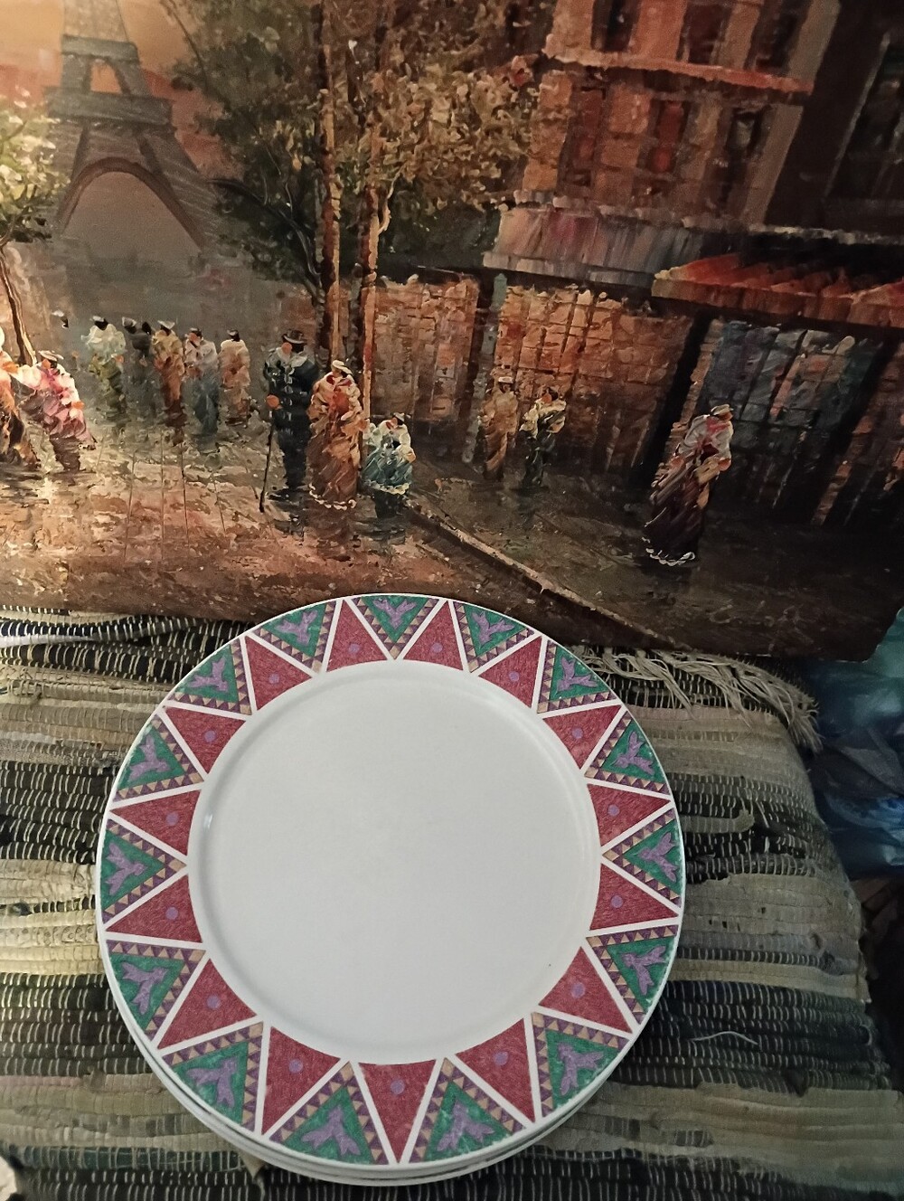 Geometric Pattern Dinner Plate - Pink & Teal Rim - Picture 4 of 5